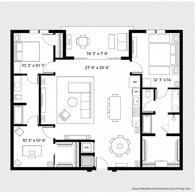 Floor plan for 3 beds, 2 baths, 1390 sqft